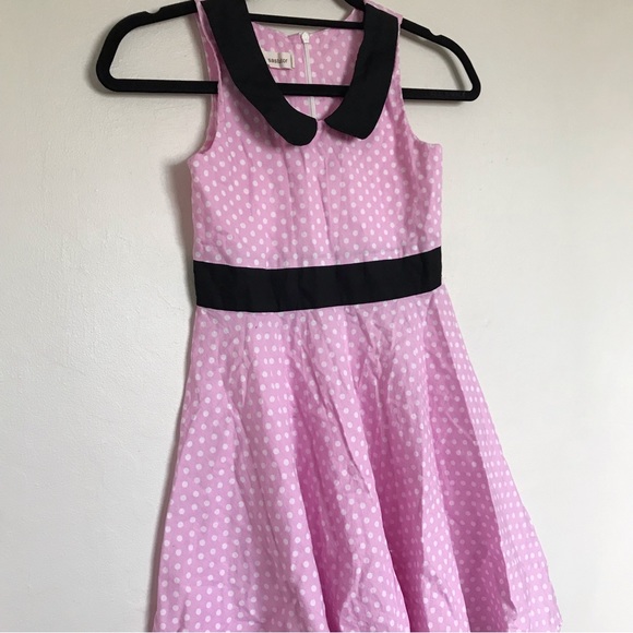 Hsastutor Pink Polka Dot Sleeveless Swing Dress Girls Cosplay Halloween Dress Up - Picture 2 of 10